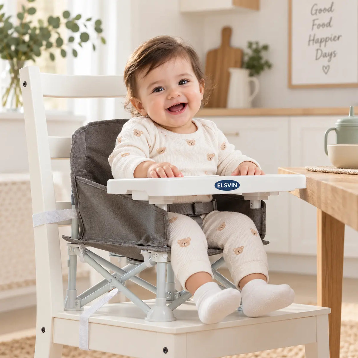 ELSVIN 2-in-1 Baby High Chair & Portable Travel Booster Seat, High Chair for Babies & Toddlers, Booster Seat for Kitchen Chair, Oversized Tray with Cup Holder, Gray