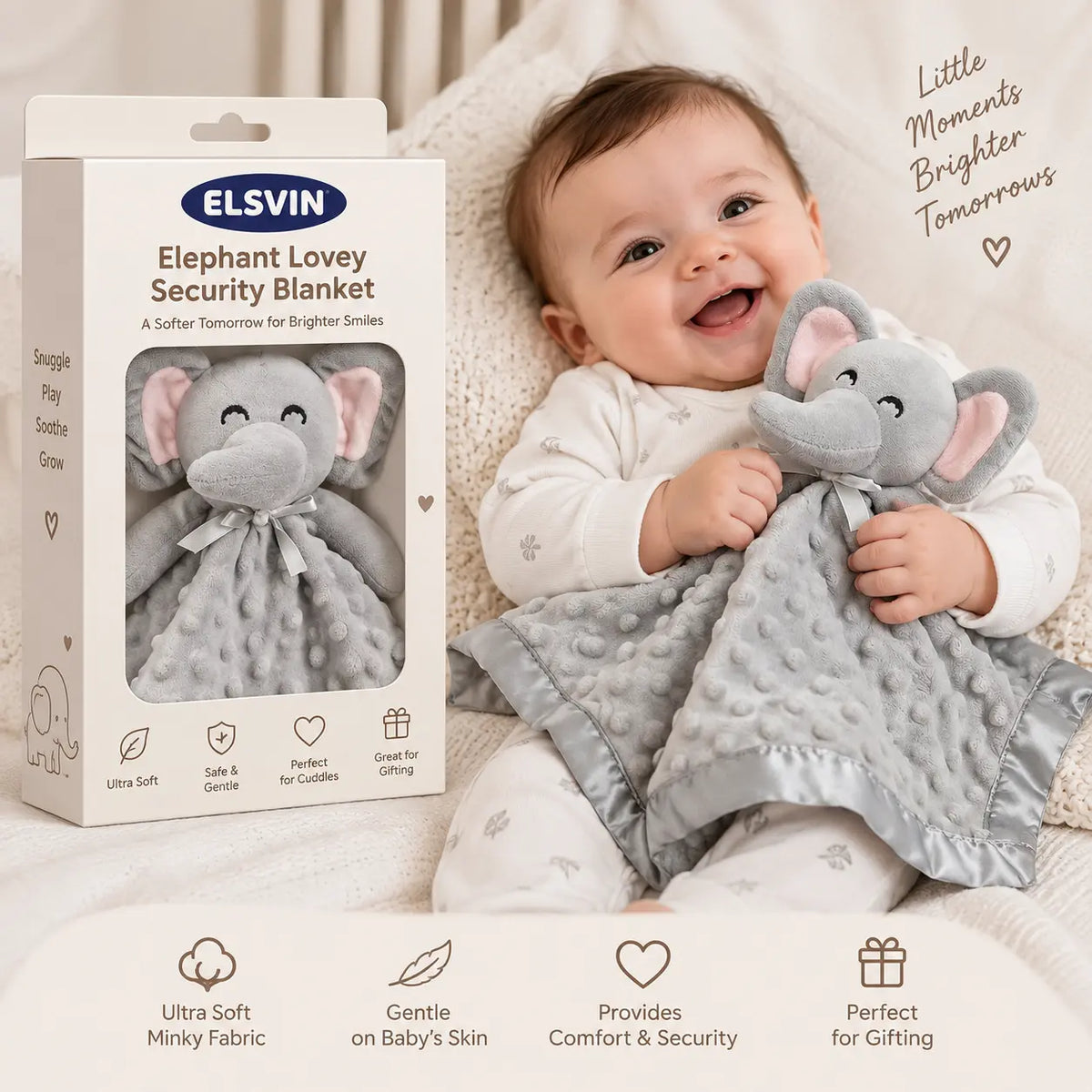 ELSVIN Elephant Security Blanket, Soft Lovey, Unisex, Baby Gifts for Boys and Girls, Snuggle Toy, Stuffed Animal Newborn Essentials- Grey 16 Inch