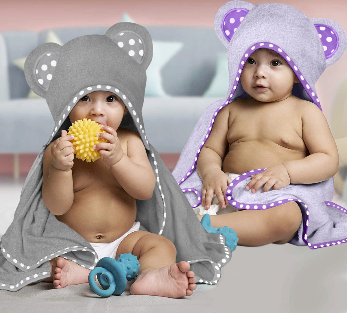Purple and Grey | Purple and grey hooded baby towel set
