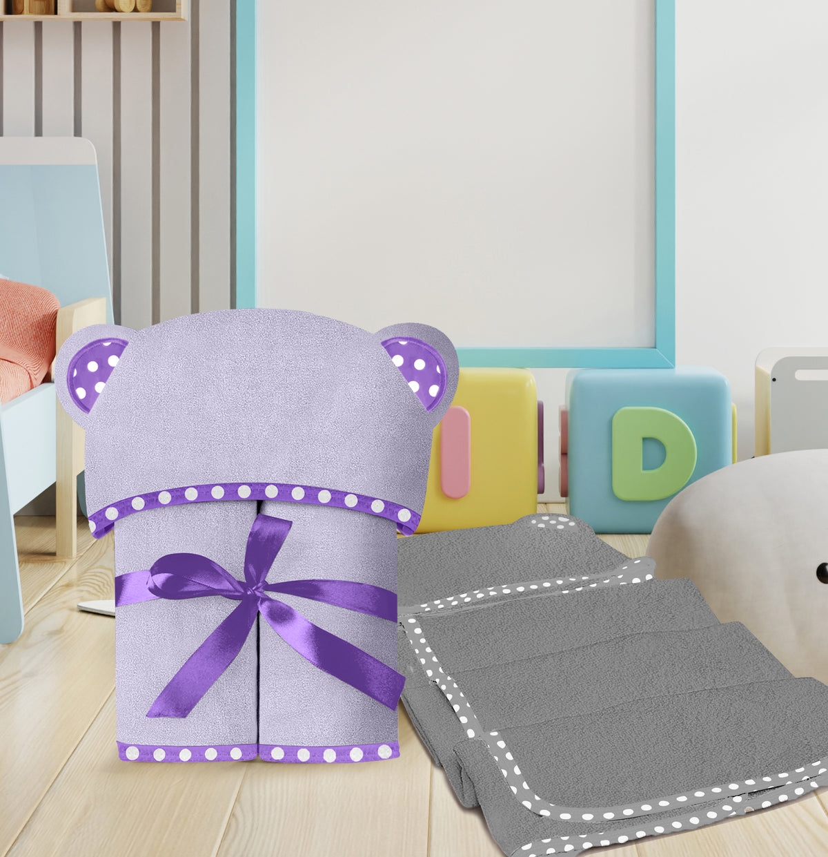 Purple and Grey | Purple and grey hooded baby towel set