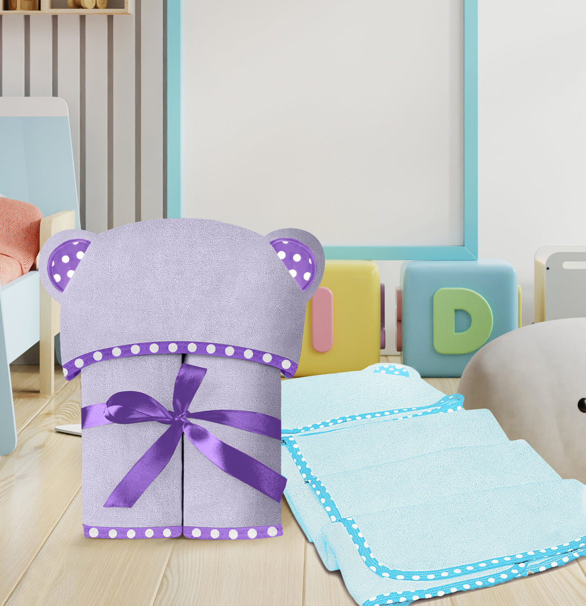 Blue and Purple | Blue and purple hooded baby towel set
