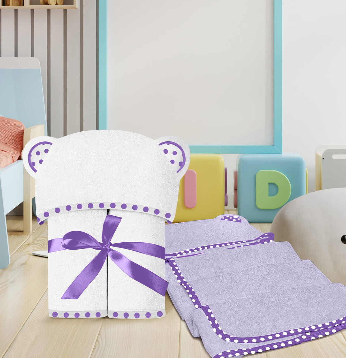 White and Purple | White and purple hooded baby towel set