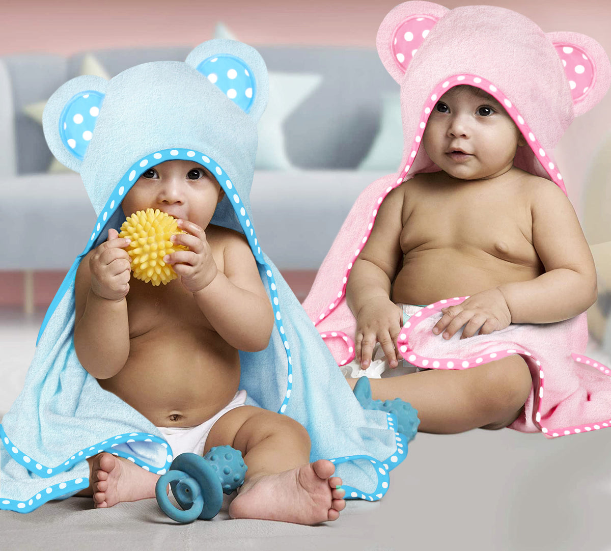 Pink and Blue | Pink and blue hooded baby towel set