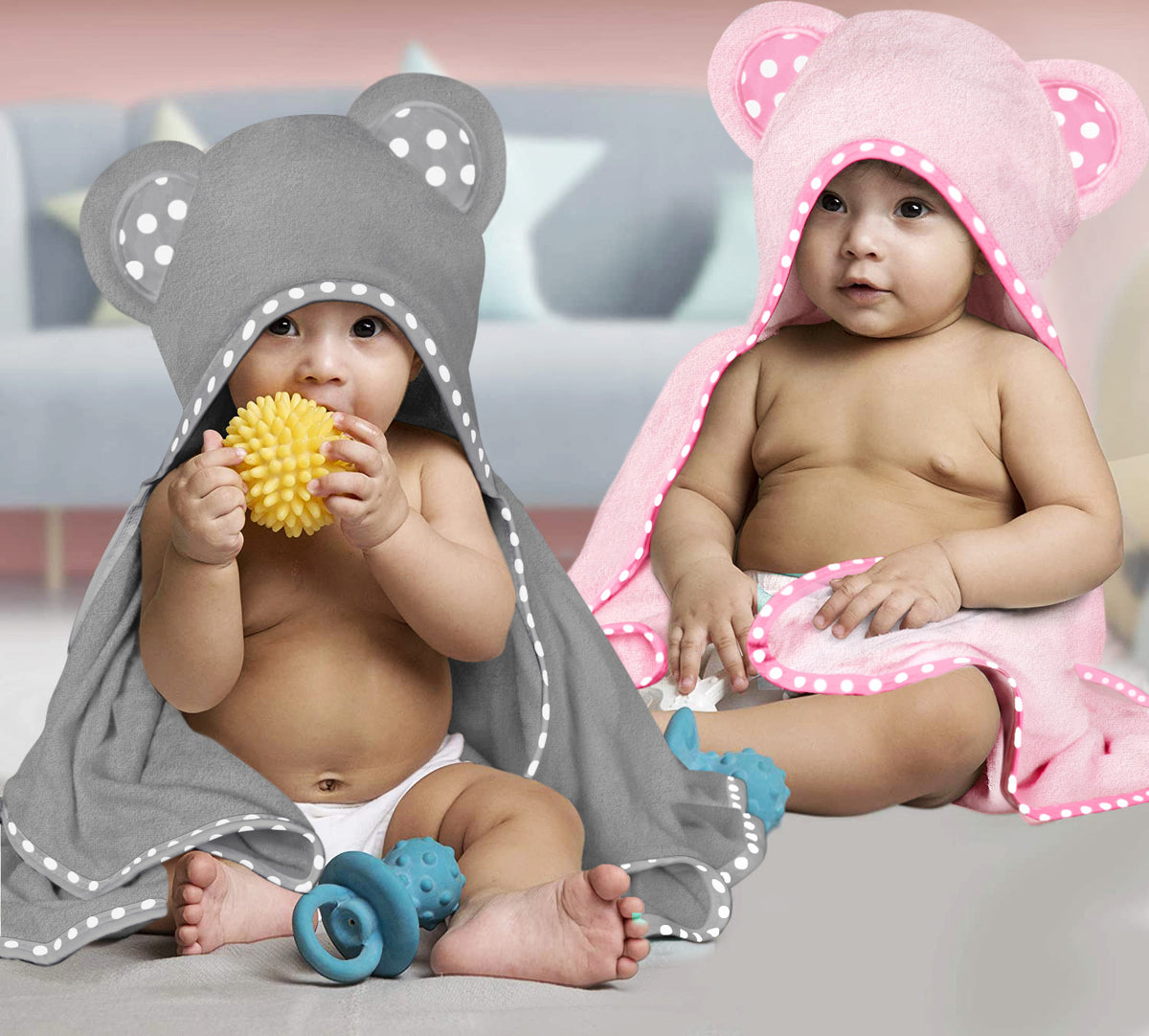 Pink and Grey | Pink and grey hooded baby towel set