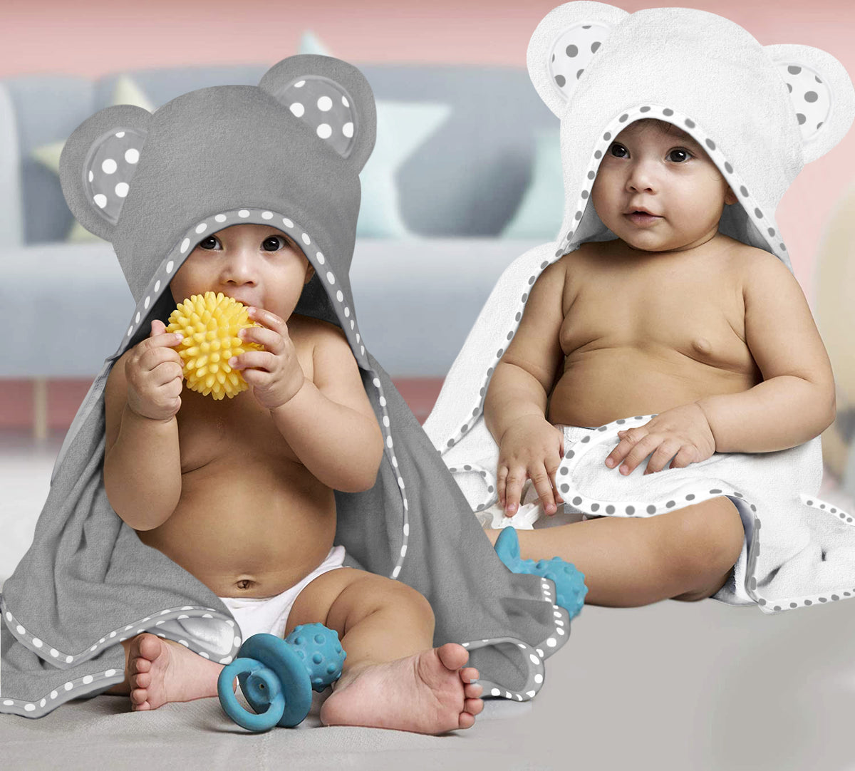White and Grey | White and grey hooded baby towel set