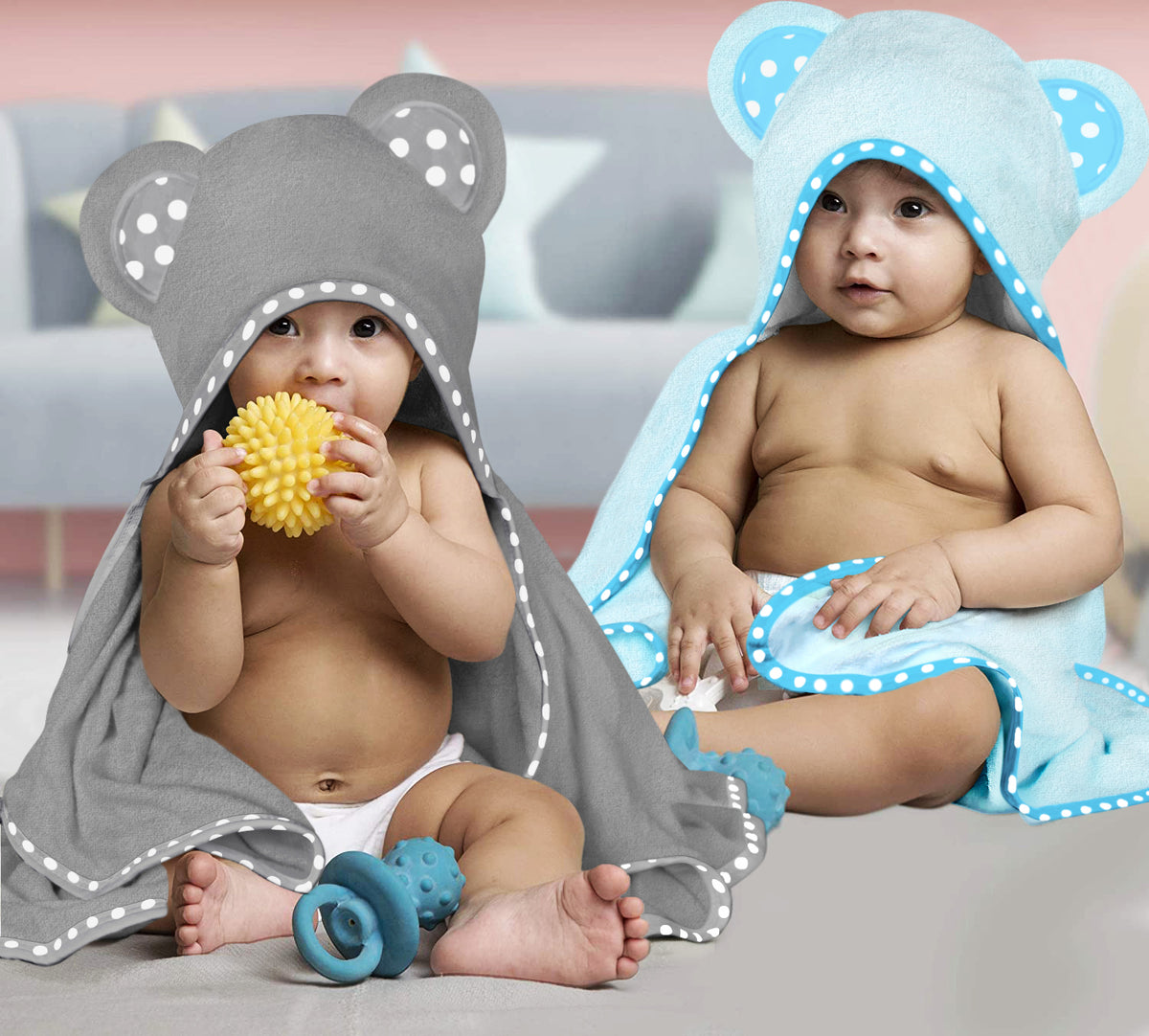 Blue and Grey | Blue and grey hooded baby towel set