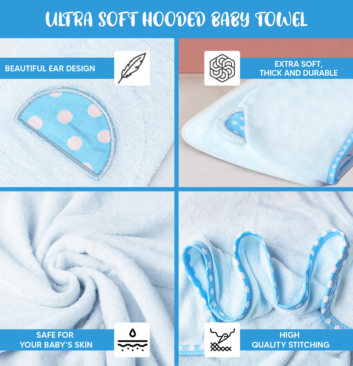 Blue and Grey | Blue and grey hooded baby towel set