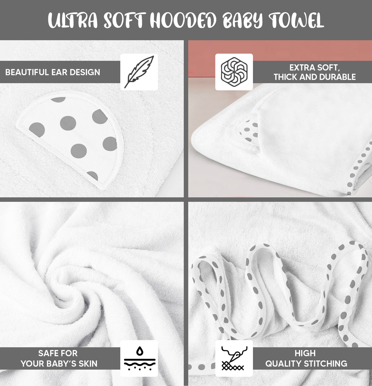 White and Grey | White and grey hooded baby towel set