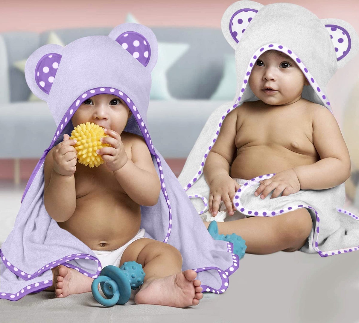 White and Purple | White and purple hooded baby towel set