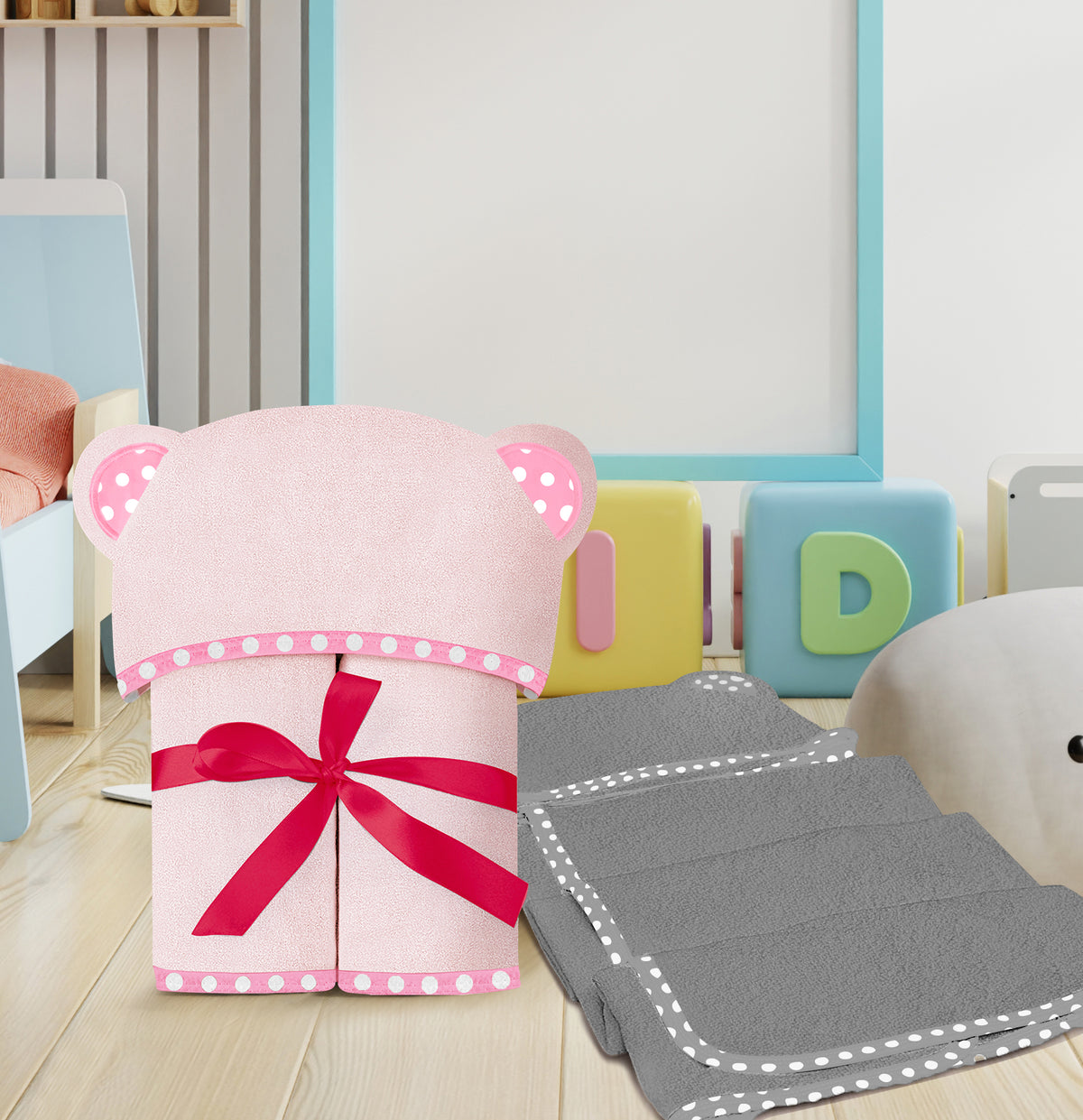 Pink and Grey | Pink and grey hooded baby towel set