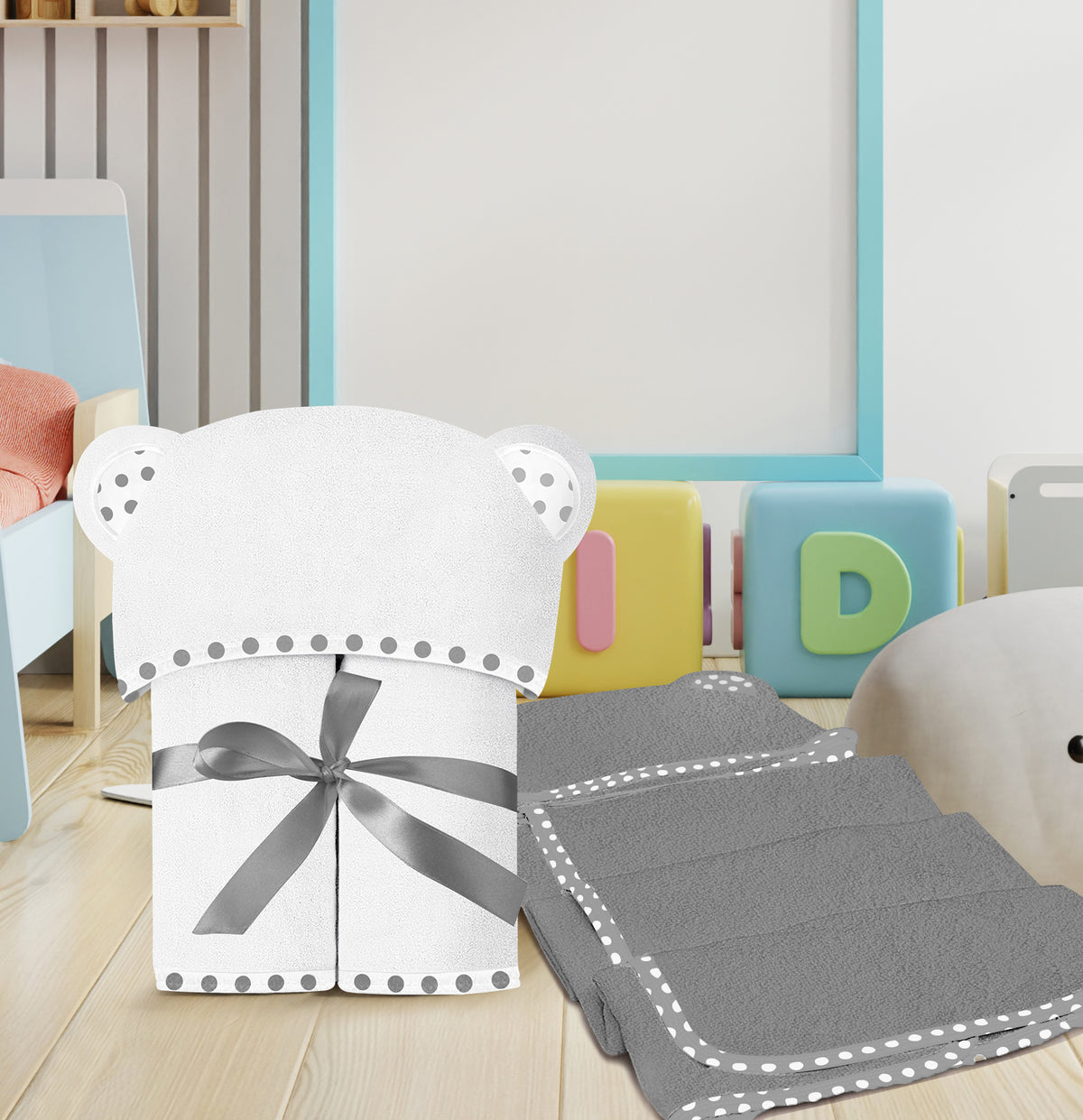 White and Grey | White and grey hooded baby towel set