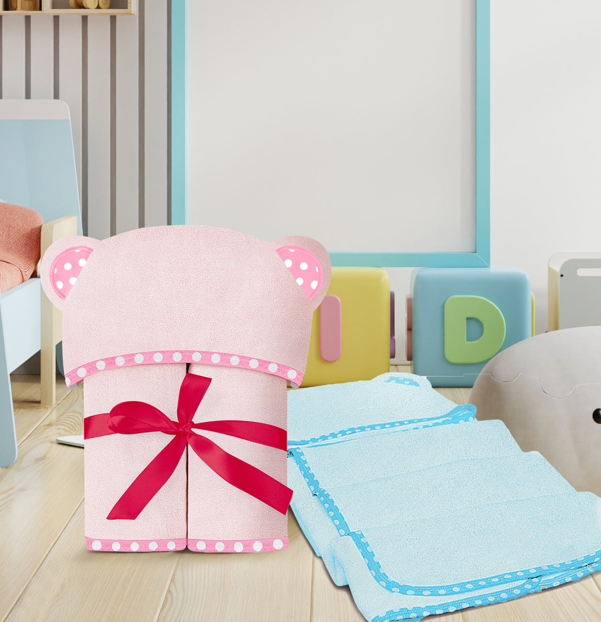 Pink and Blue | Pink and blue hooded baby towel set