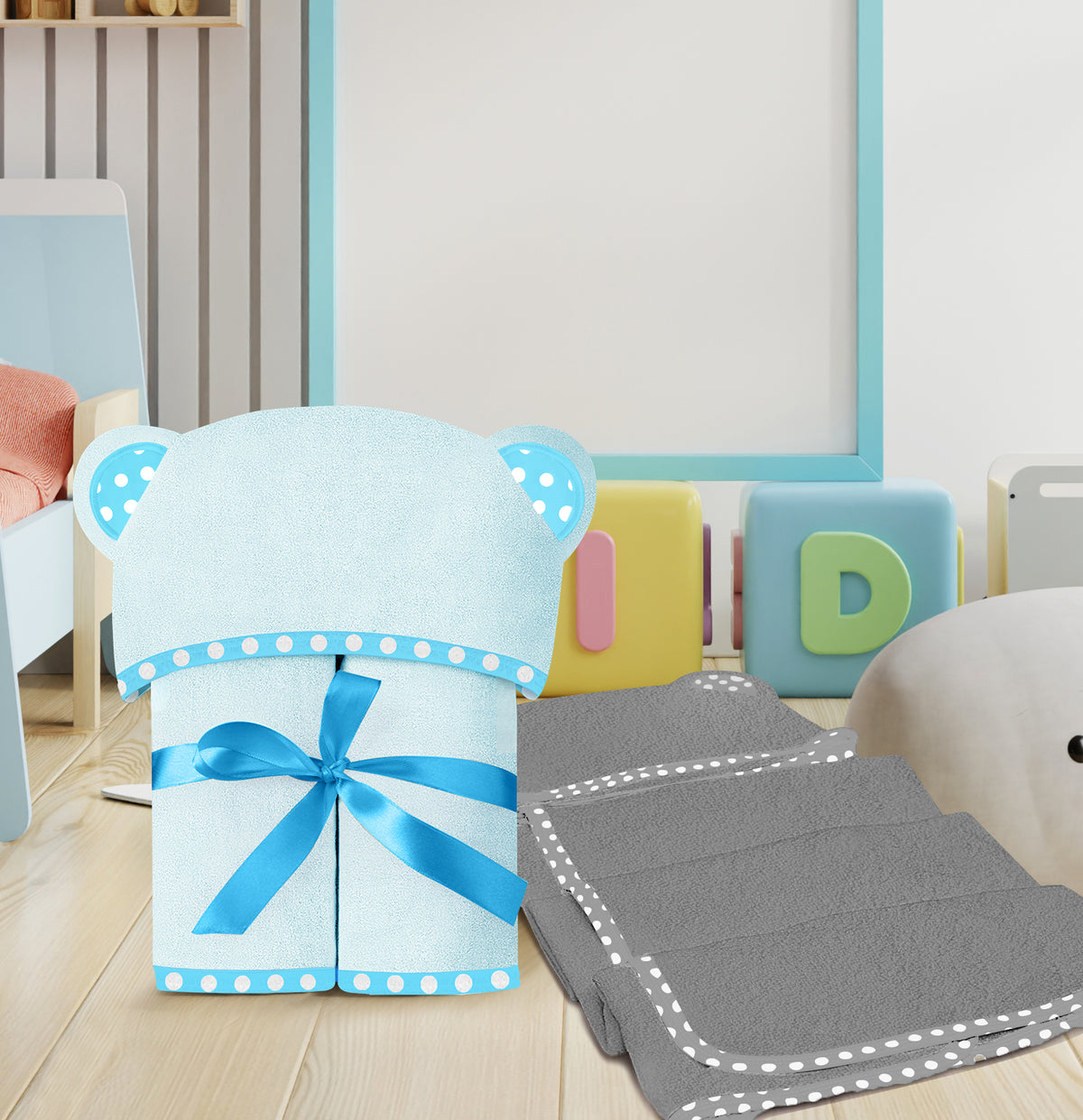 Blue and Grey | Blue and grey hooded baby towel set