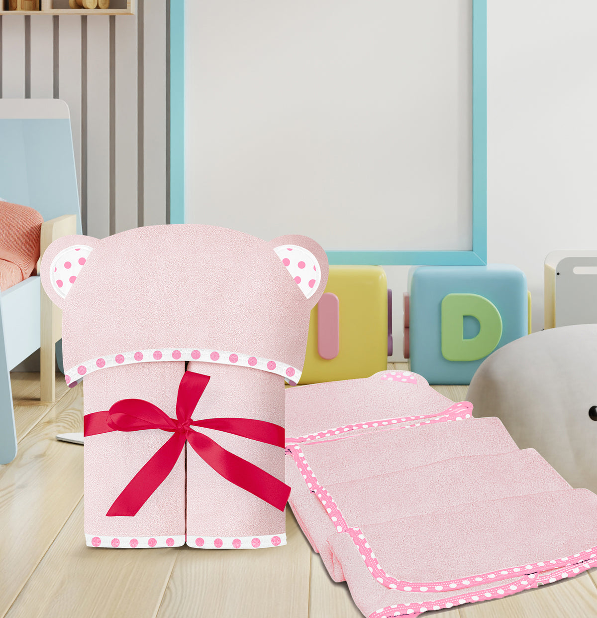 Pink | Pink hooded baby towel set