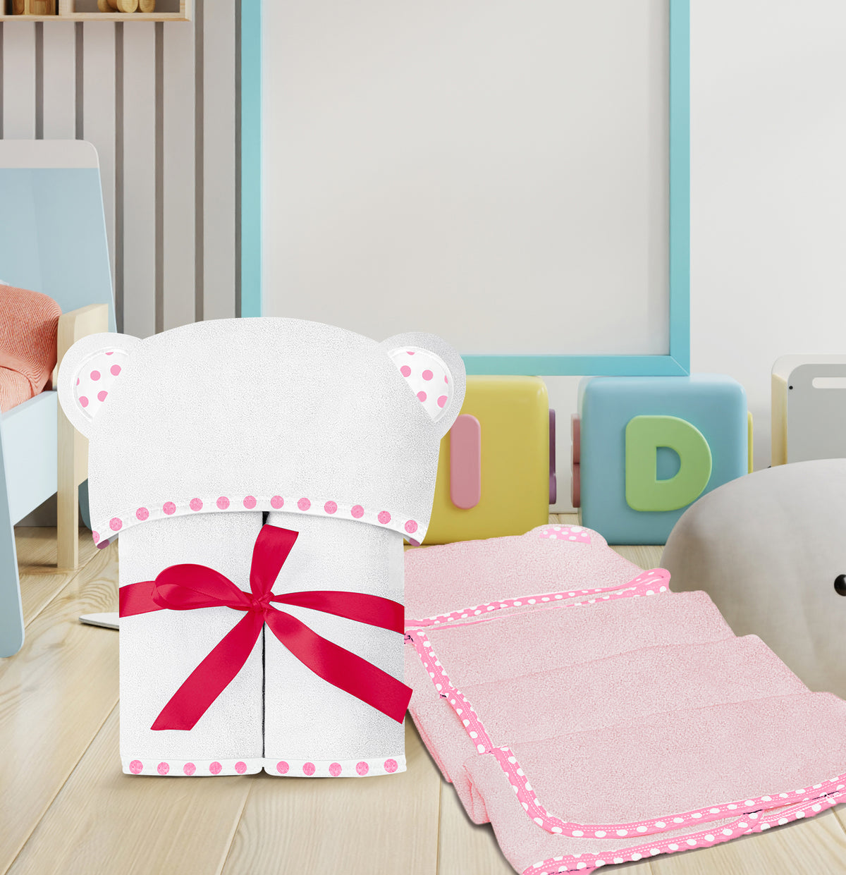 White and Pink | White and pink hooded baby towel set