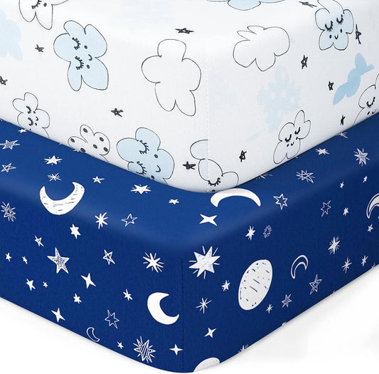 Baby Crib Sheets 2 Pack for Boys and Girls Fit for Standard Crib Toddler Mattress Breathable Soft Microfiber Baby Sheet 28x52x8in (Starry Sky & Clouds)