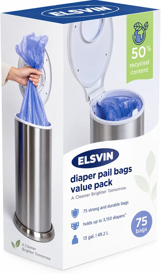 Diaper Pail Plastic Bags, 13-Gallon Capacity, 3 Pack, 75 Count Disposable Baby Waste Bags, Made from 50% Recycled Material, Each Bag Holds Up To 50 Newborn Diapers