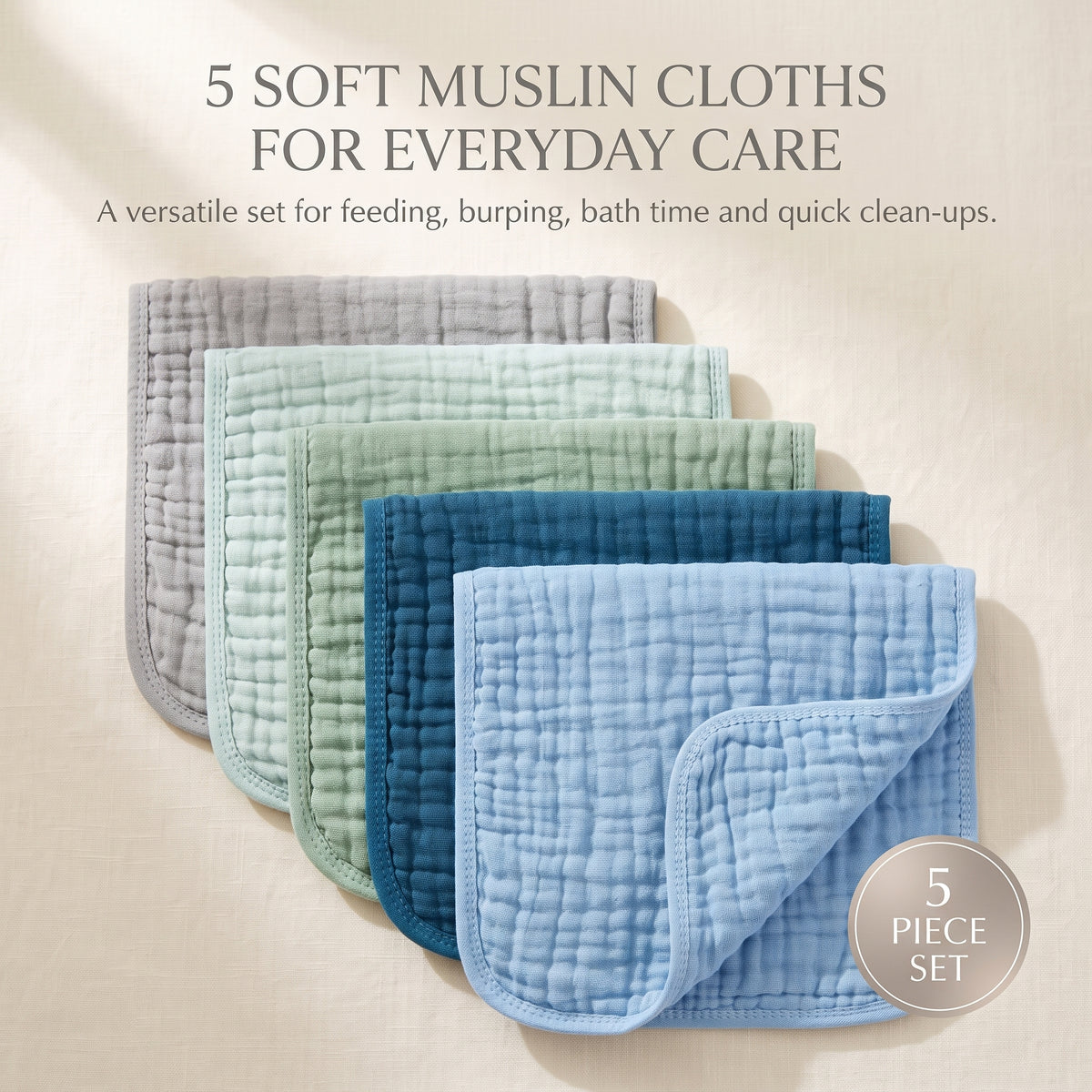 ELSVIN Baby Burp Cloths – Blue & Green 5-Pack, 100% Cotton Muslin, 10 x 20 Inch