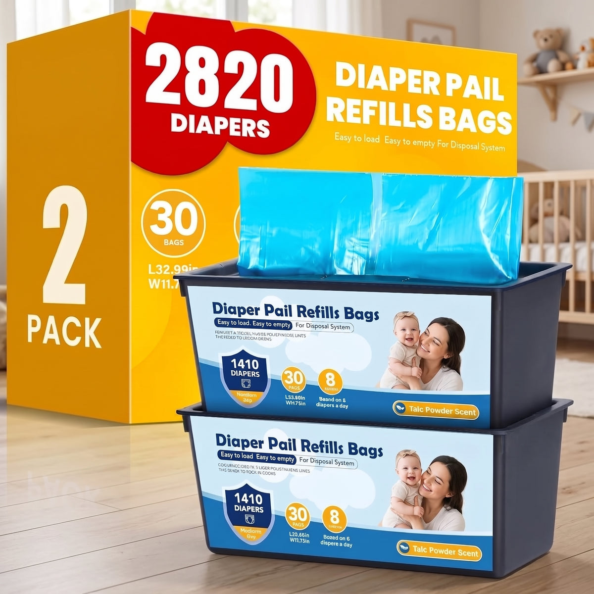 ELSVIN Diaper Pail Refill Bags – Scented 2-Pack, 60 Bags Total