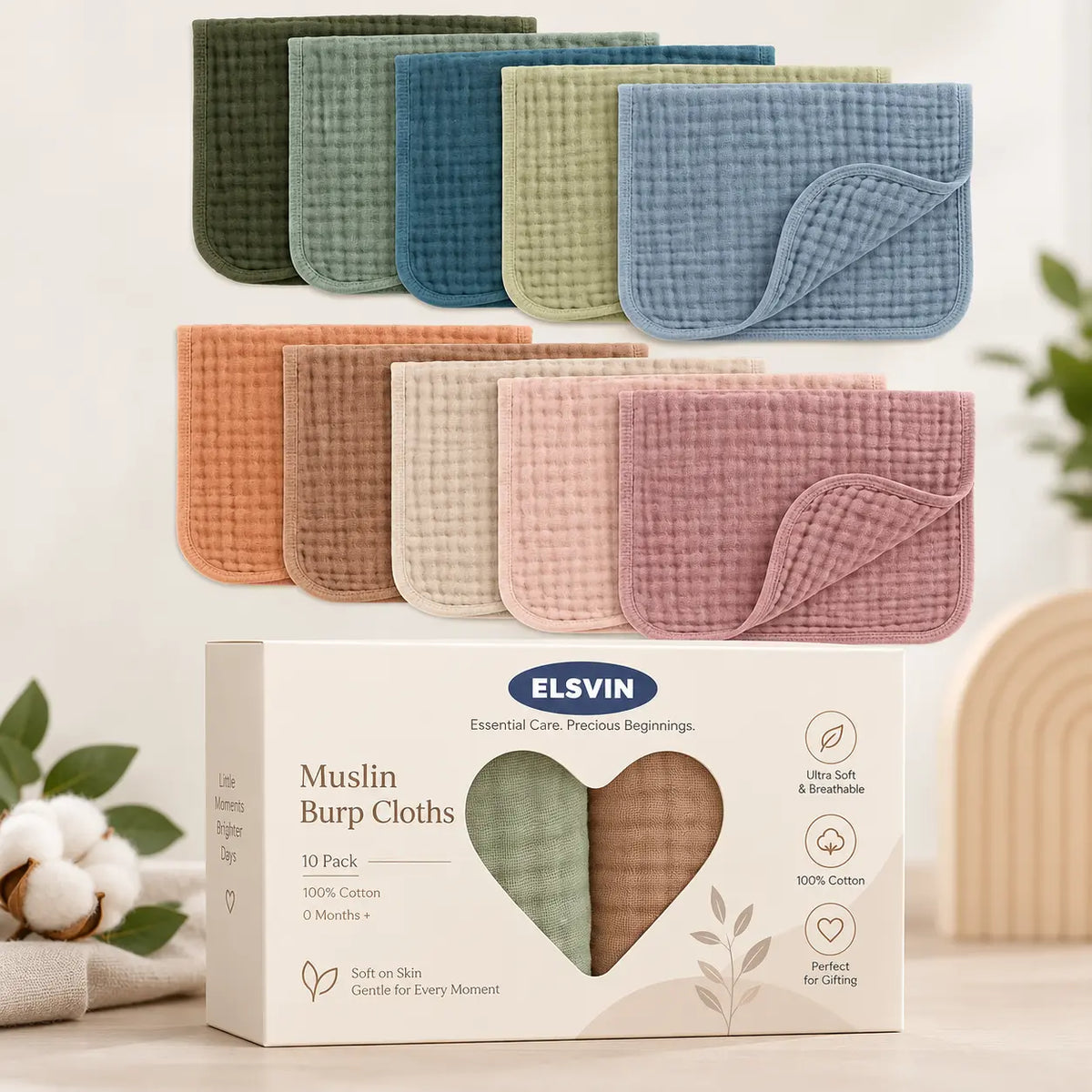 Muslin Burp Cloths 20x10" 10 Pack, Baby Burp Cloths - Multi Large, 6-Layer, Ultra Absorbent 100% Cotton Burp Cloths for Baby Drool and Messes - Soft, Safe & Gentle for Boys & Girls