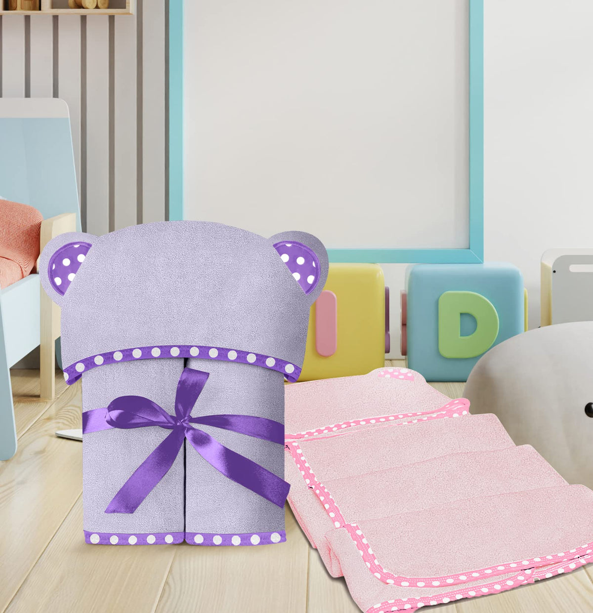 Purple and Pink | Purple and pink hooded baby towel set