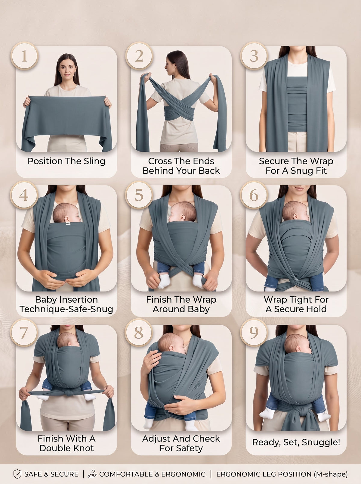 ELSVIN Adjustable Baby Wrap Carrier and Sling – Dark Grey – additional view