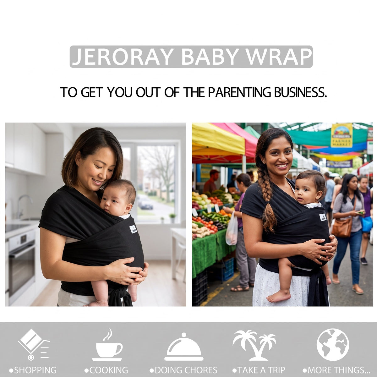 ELSVIN Soft Breathable Baby Wrap Carrier – Black – additional view