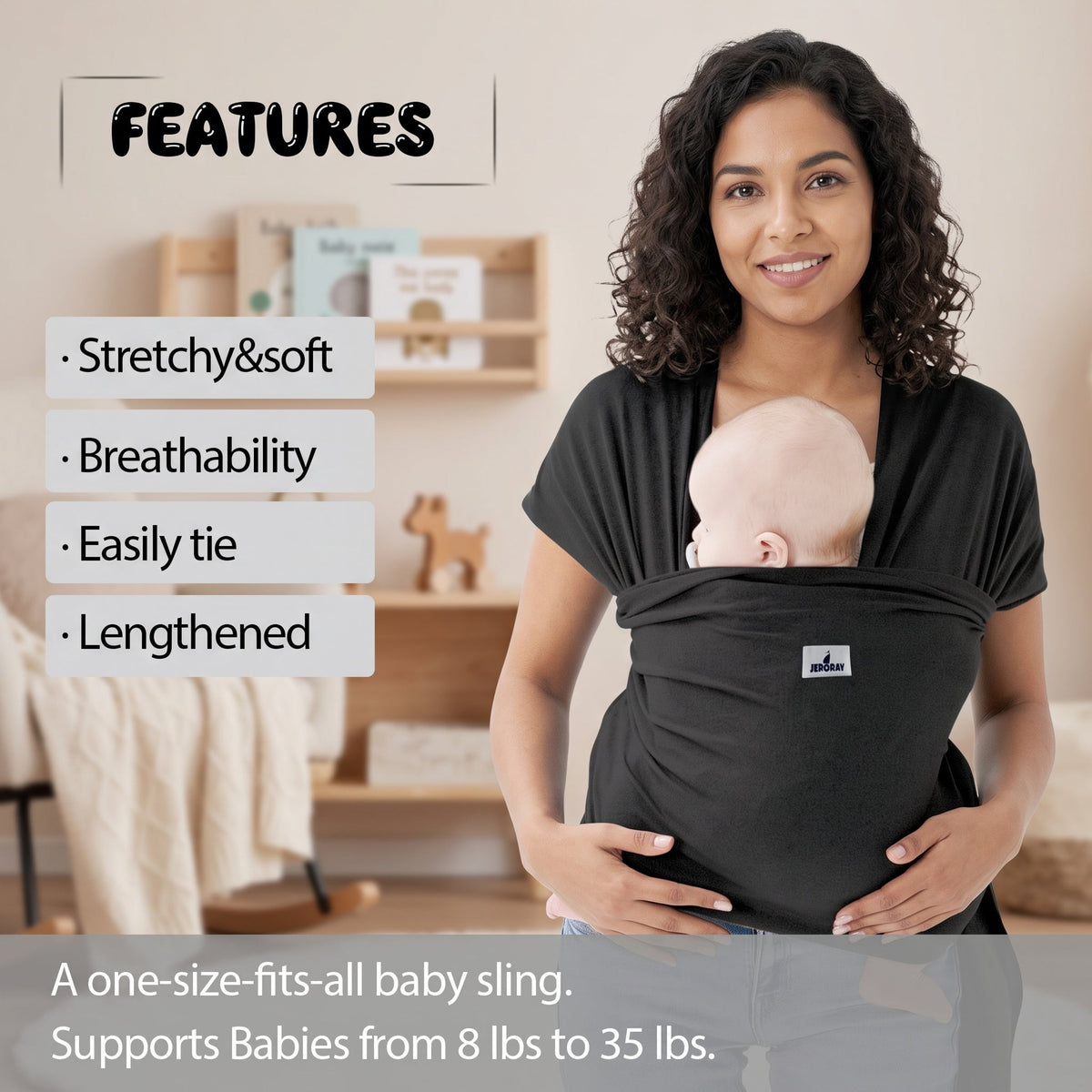 ELSVIN Soft Breathable Baby Wrap Carrier – Black – additional view