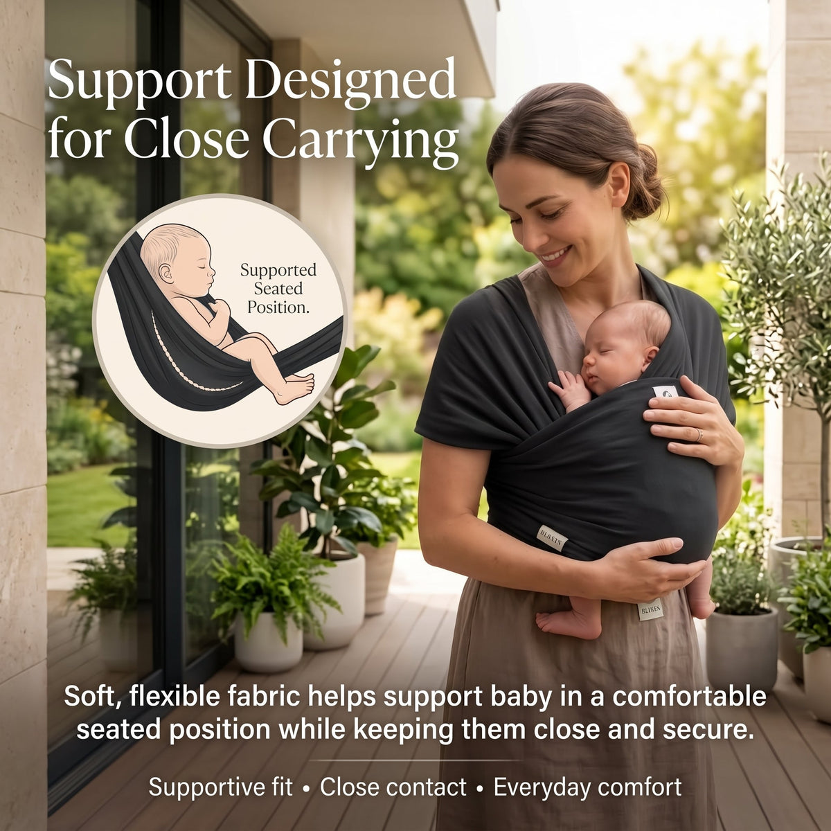 ELSVIN Lightweight Cotton Blend Baby Wrap Sling – Black – additional view