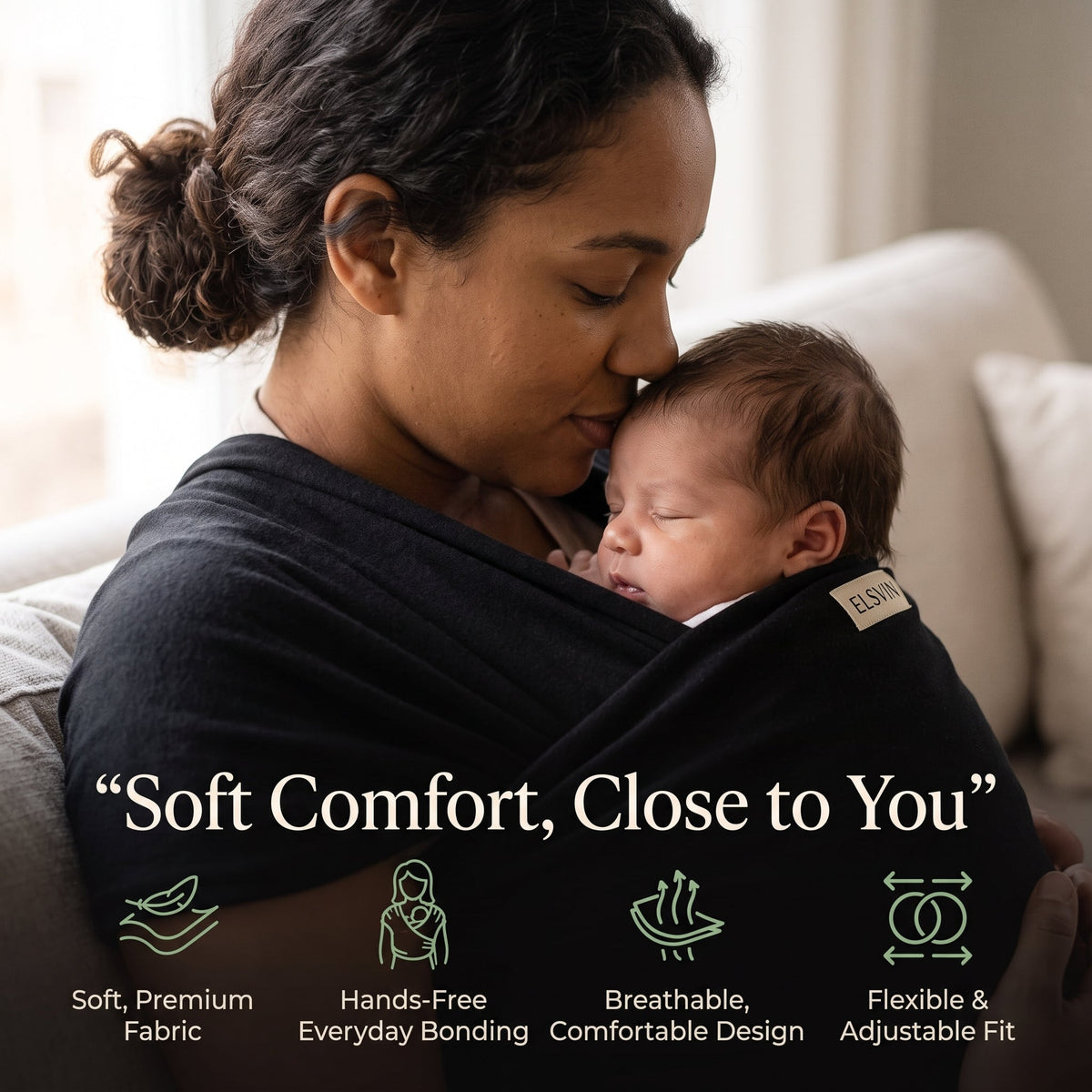 ELSVIN Lightweight Cotton Blend Baby Wrap Sling – Black – additional view