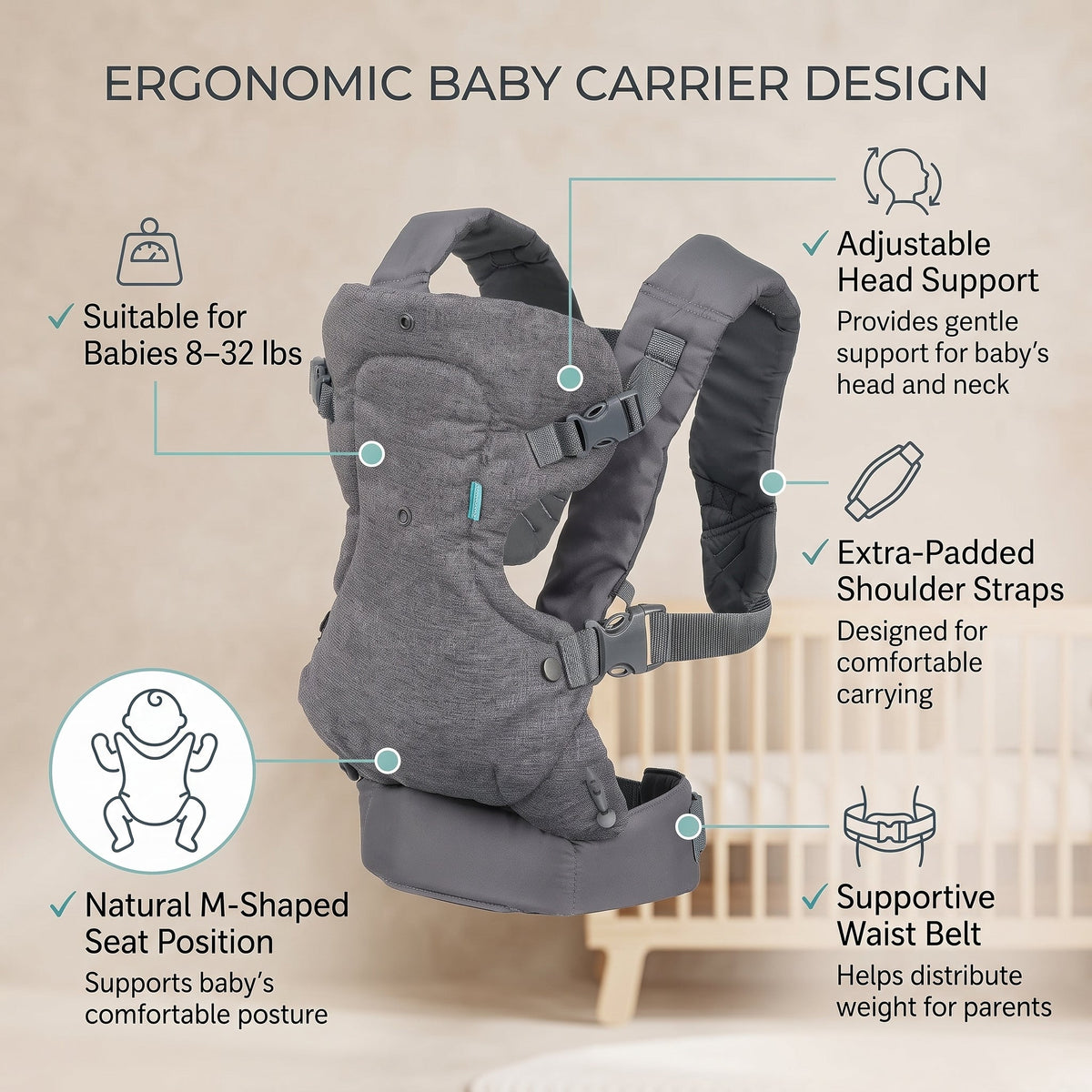 ELSVIN Flip 4-in-1 Ergonomic Baby Carrier – Gray – additional view