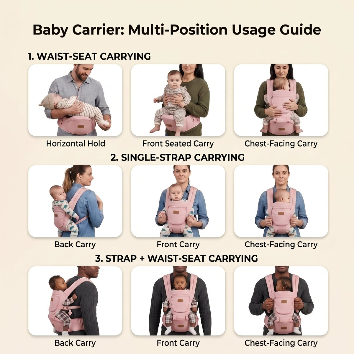 ELSVIN 3-in-1 Baby Carrier with Hip Seat – Cherry Pink – additional view