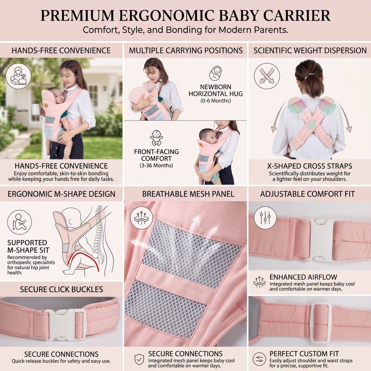 ELSVIN 3-in-1 Baby Carrier with Hip Seat – Cherry Pink – additional view
