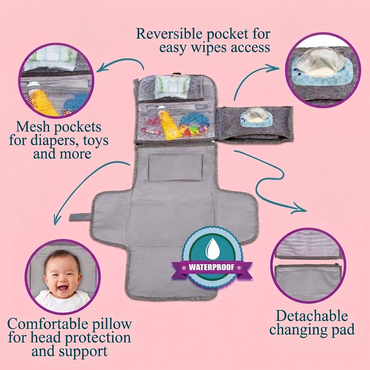 ELSVIN Portable Diaper Changing Pad with Wipes Pocket – Classic Gray – detail 3