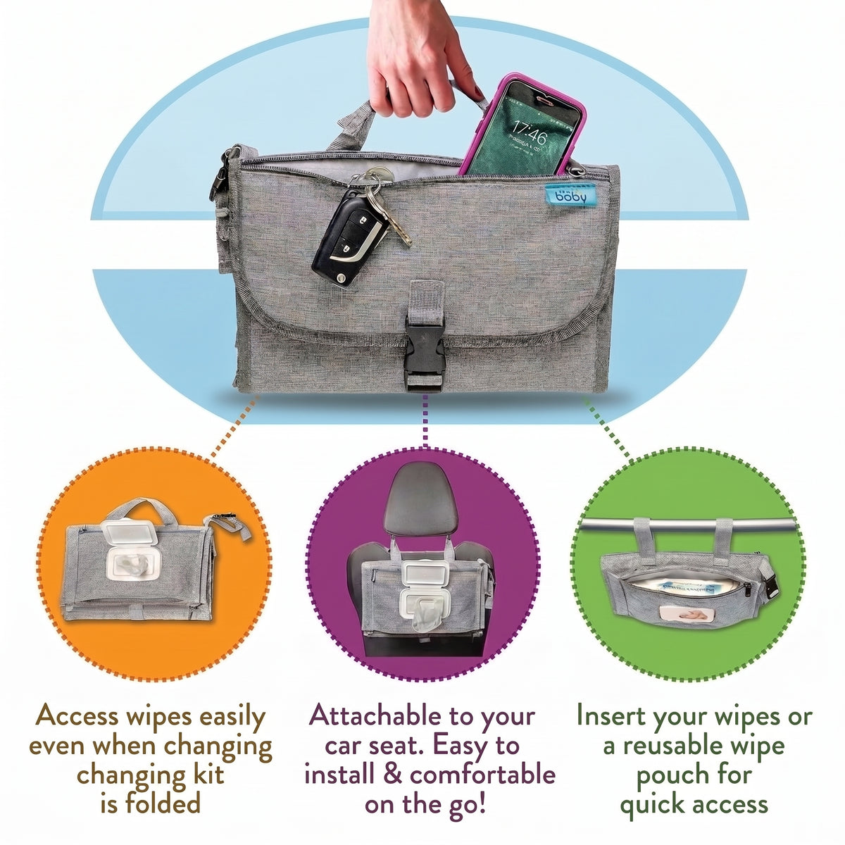 ELSVIN Portable Diaper Changing Pad with Wipes Pocket – Classic Gray – detail 6