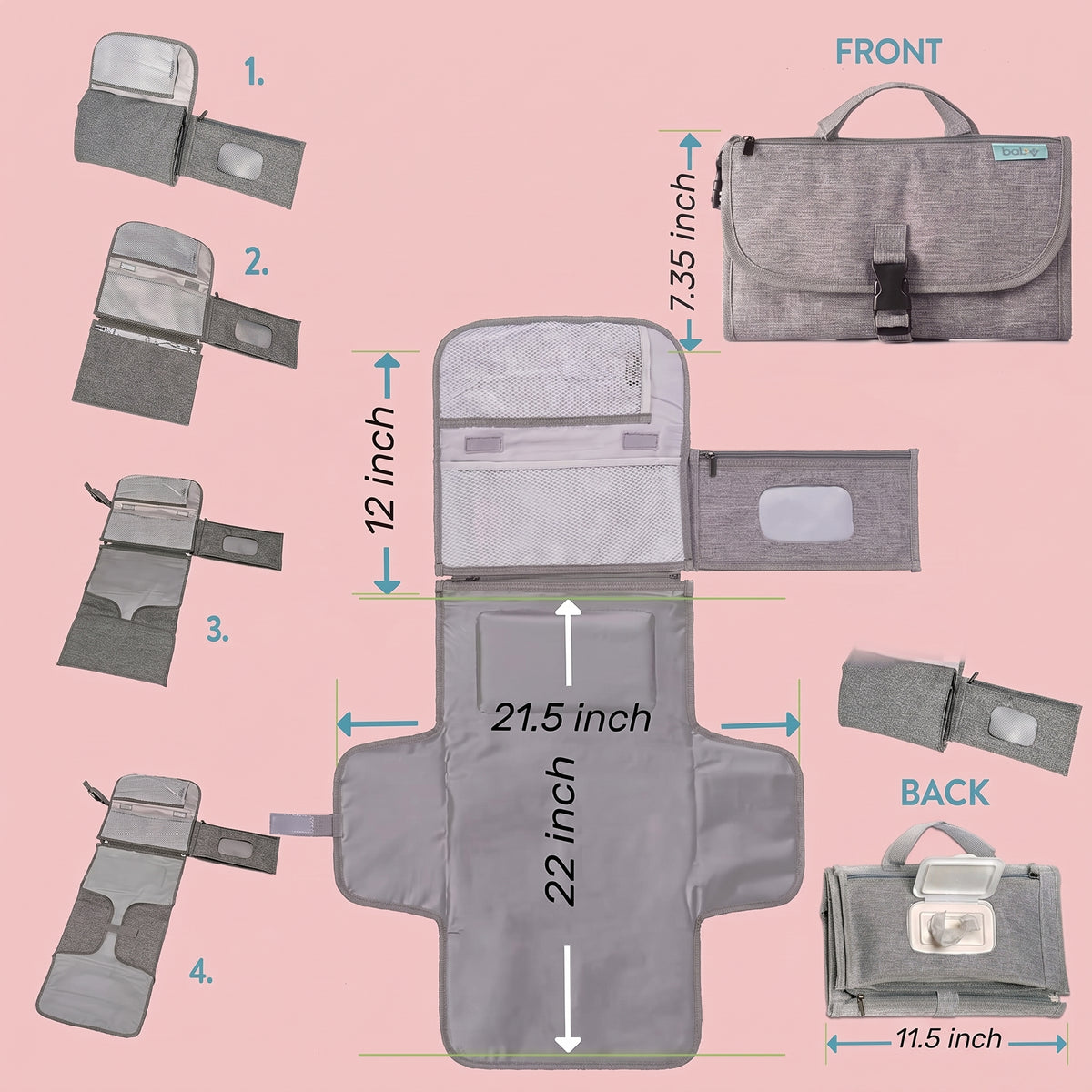 ELSVIN Portable Diaper Changing Pad with Wipes Pocket – Classic Gray – detail 7