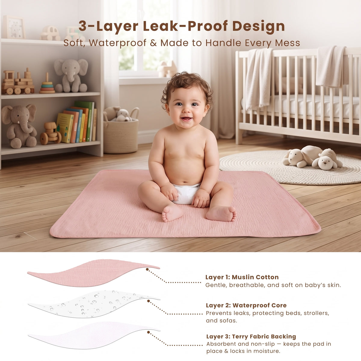 ELSVIN 2-Pack Waterproof Muslin Changing Pads – Pink Blossom – detail 2