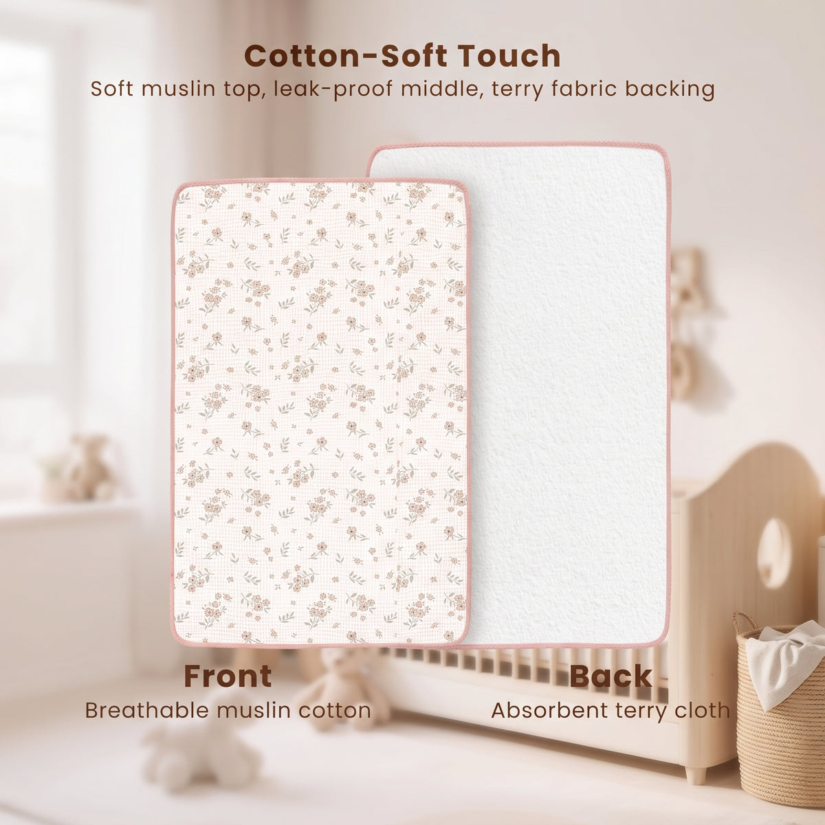 ELSVIN 2-Pack Waterproof Muslin Changing Pads – Pink Blossom – detail 6