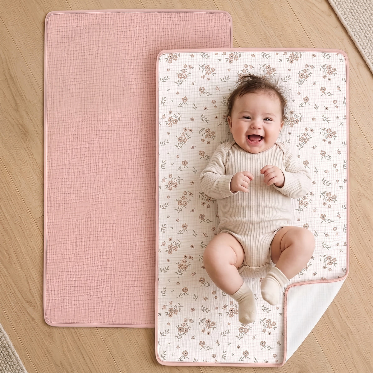 ELSVIN 2-Pack Waterproof Muslin Changing Pads – Pink Blossom – main image