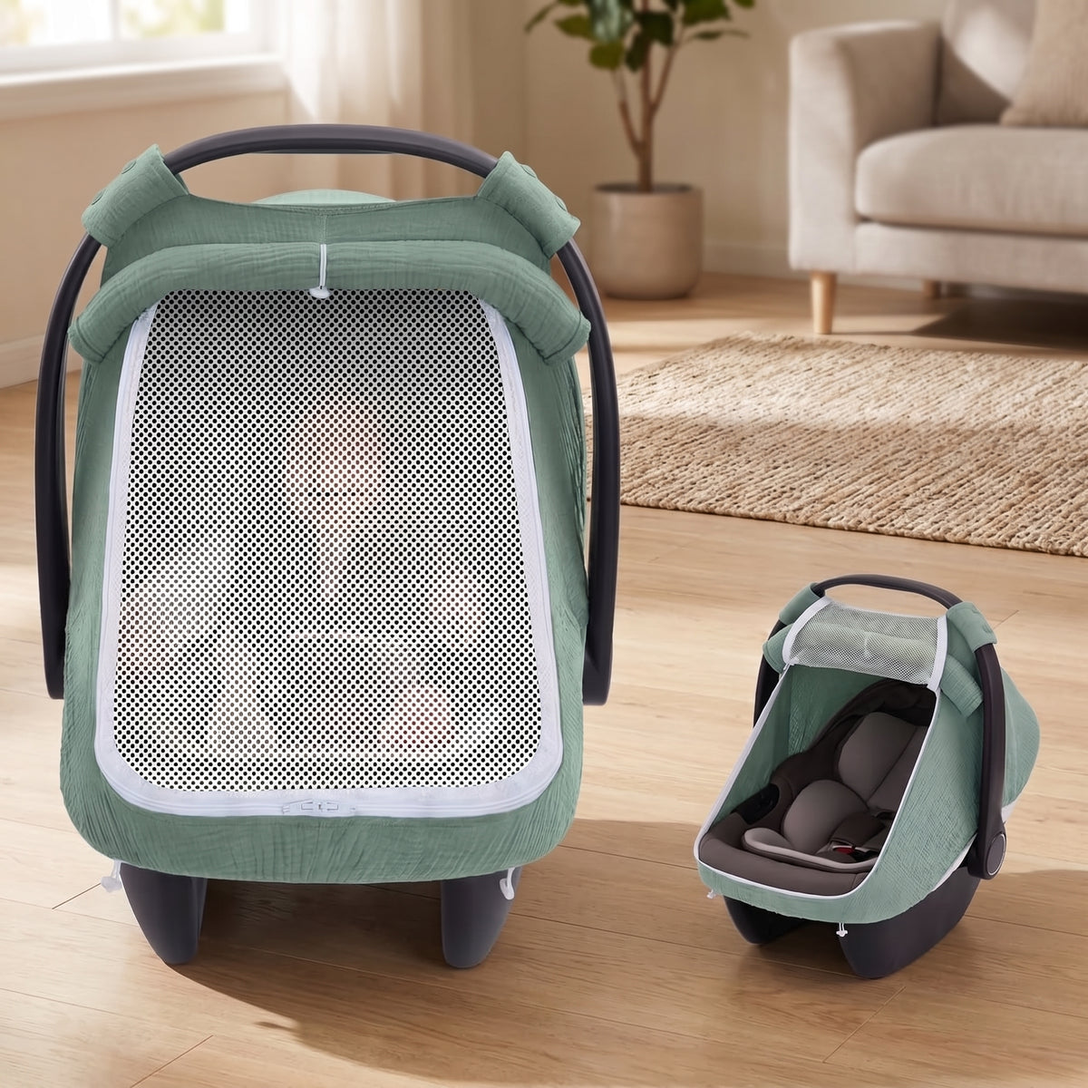 ELSVIN Muslin Baby Car Seat Cover with Mesh Window – Roman Green