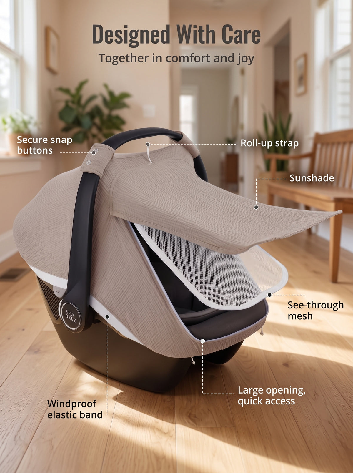 ELSVIN Muslin Baby Car Seat Canopy with Mesh Window – Agreeable Gray