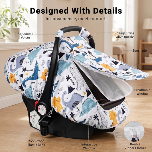 ELSVIN Minky Dot Baby Car Seat Canopy – Blue Dinosaur