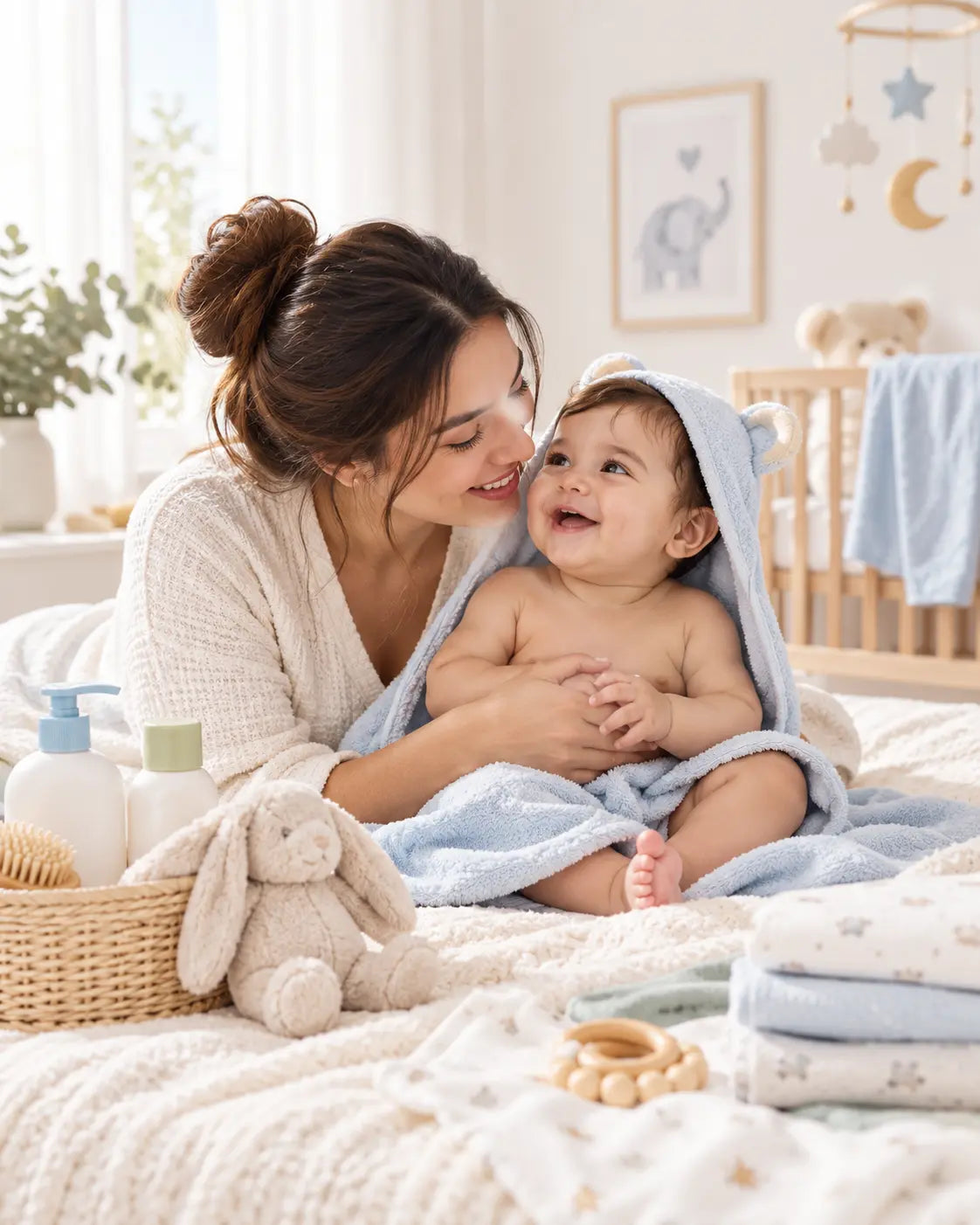 Mother smiling at her baby wrapped in a blue hooded towel