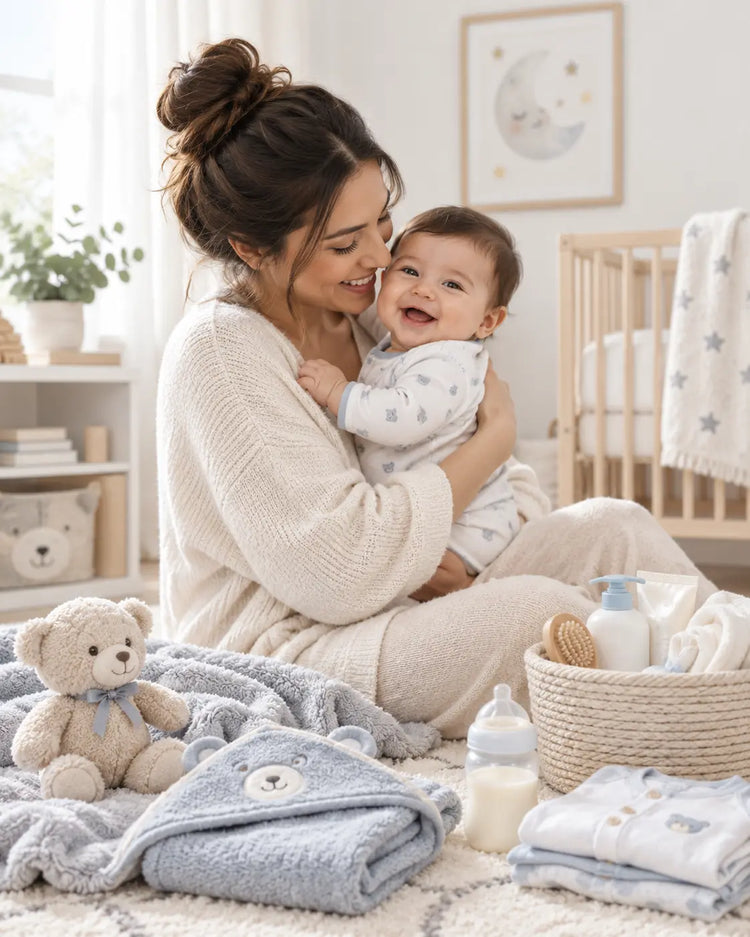 Mother holding her smiling baby beside soft baby care essentials