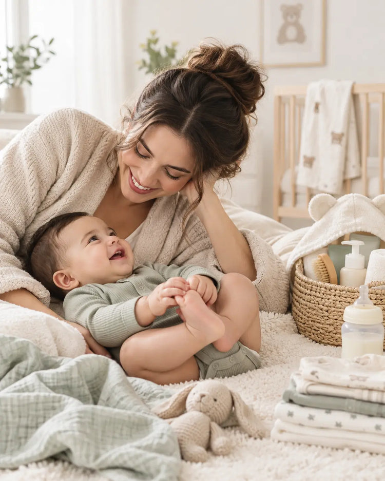 Mother and baby sharing a playful moment on a soft blanket